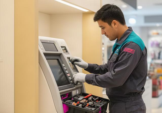 ATM service technician inspecting a cash machine inside a Singapore retail site