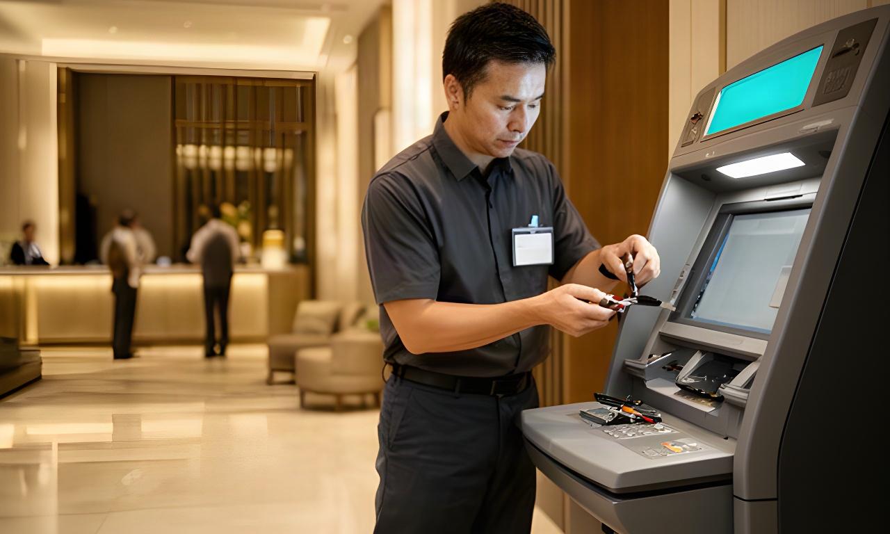 Professionally presented ATM technician working quietly beside a hotel lobby cash machine in Singapore